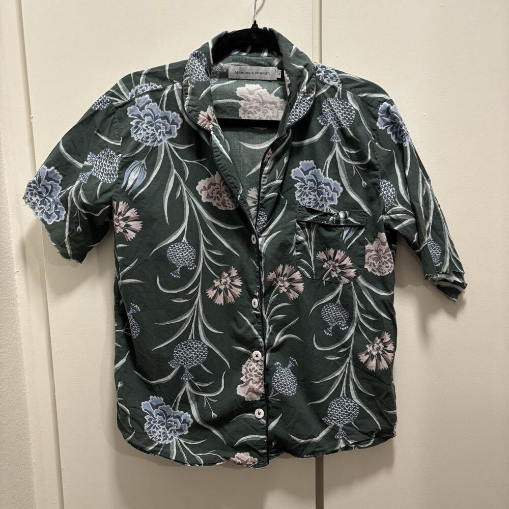 Desmond & Dempsey Women’s Sz Small Pajama Green Floral Shirt Top Quiet Luxury